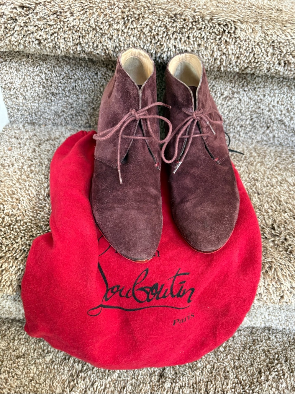 Christian Louboutin Women’s Burgundy Suede Wedge Ankle Boots